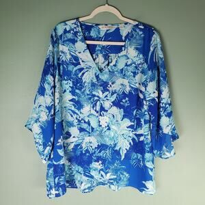 Beautiful Lawrence Zarian Womens Blue Paradise Printed V-Neck Blouse Size Large